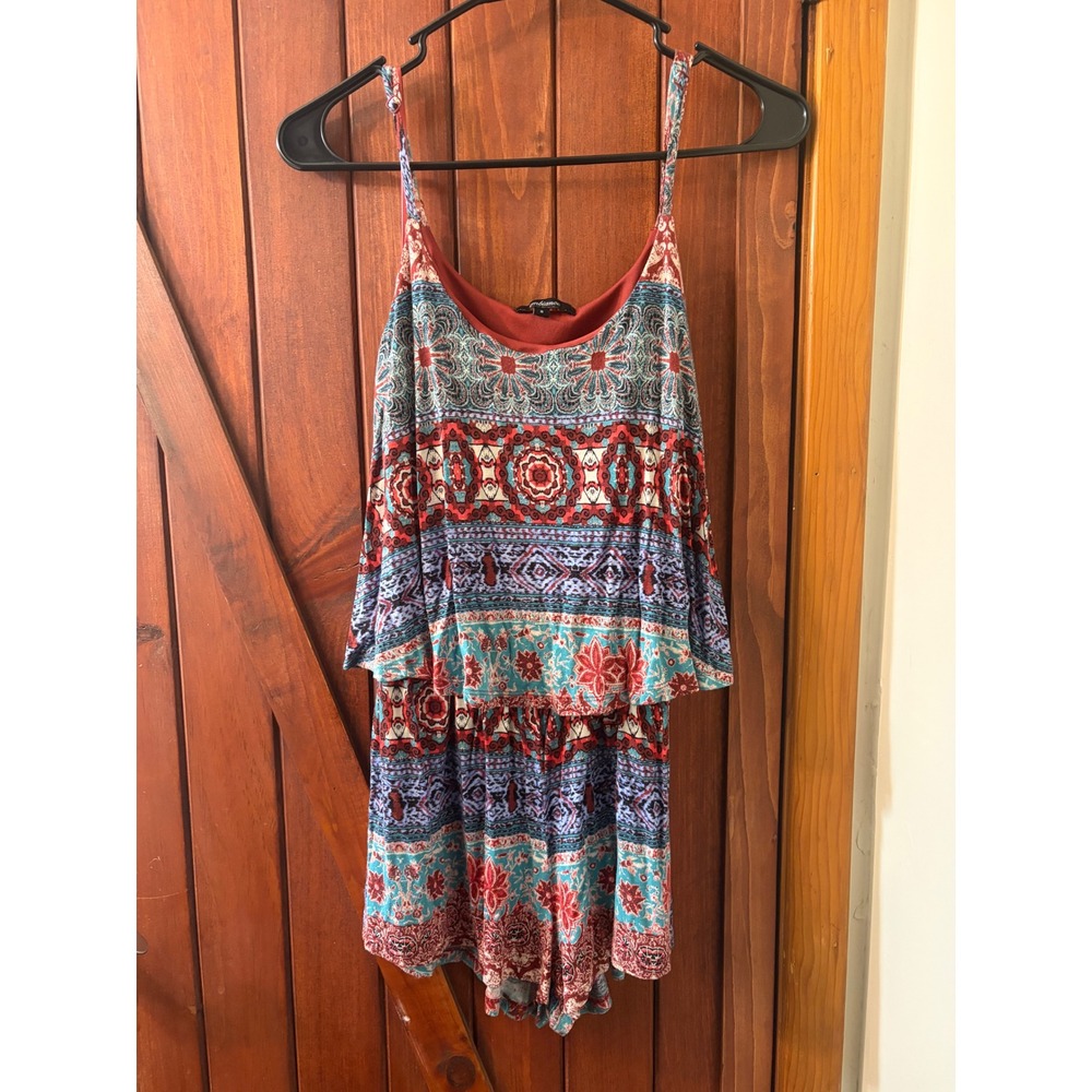 Ambiance Womens Boho Medallion Print Popover Romper Red Blue Small
